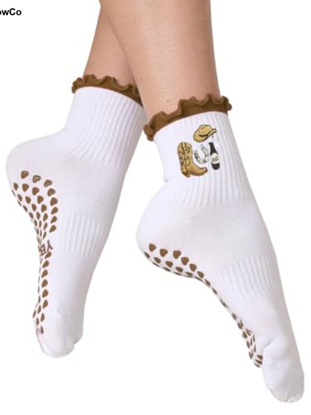 Non-Slip Yoga Pilates Socks with Ruffle Cuff and Embroidery Cotton Blend